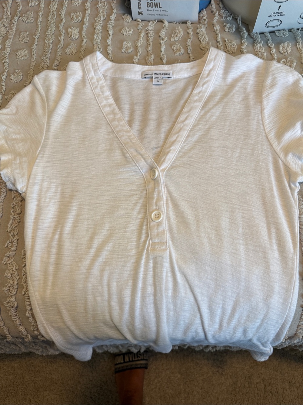 James Perse White V-Neck Short Sleeve Button Tee - Size 0
